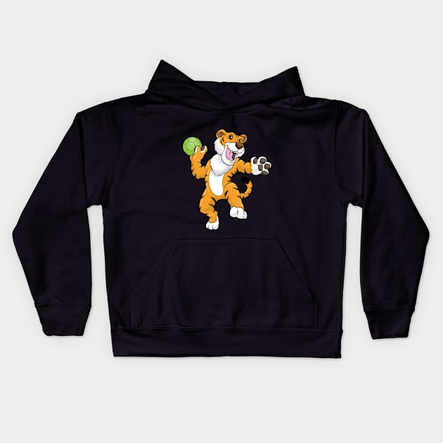 Tiger as handball player with handball Kids Hoodie by Markus Schnabel